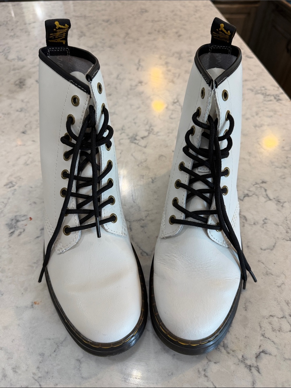 Dr. Martens White Leather Lace-Up Combat Boots with Black Laces